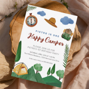 Eén Happy Camper Boys 1e verjaardag uitnodiging