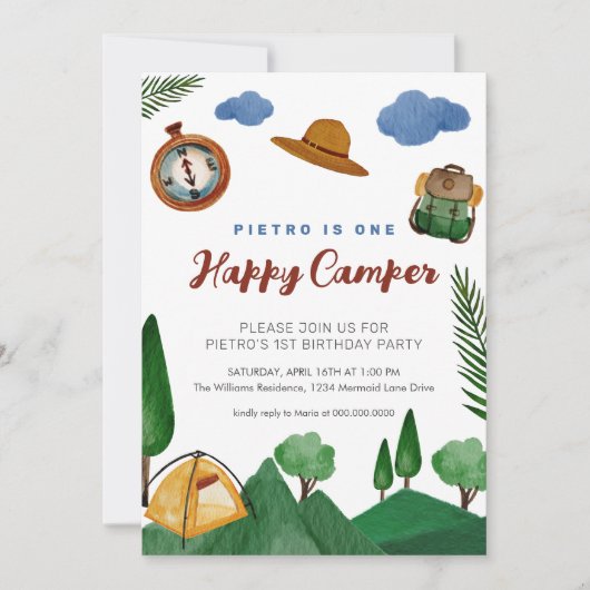 Eén Happy Camper Boys 1e verjaardag uitnodiging (Voorkant)