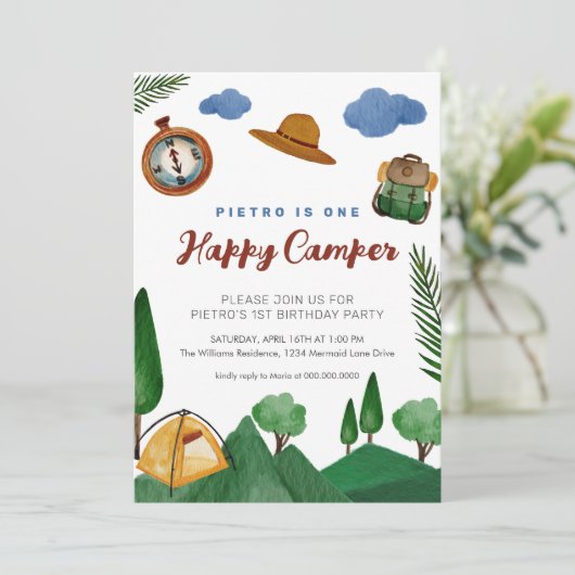 Eén Happy Camper Boys 1e verjaardag uitnodiging (Staand voorkant)