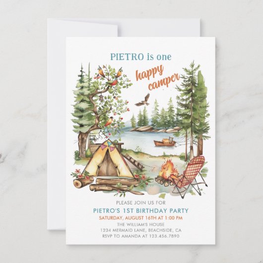 Eén Happy Camper Boys 1e verjaardag uitnodiging (Voorkant)