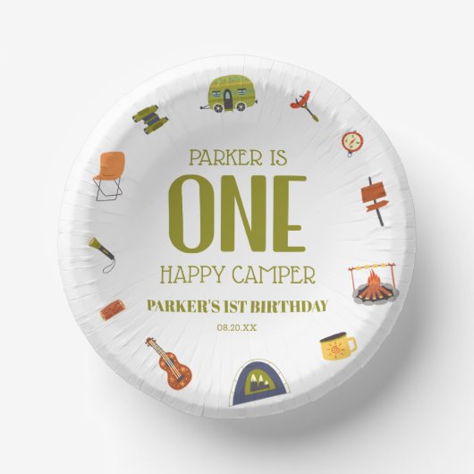 Een Happy Camper Camping 1e Eerste Verjaardagsfees Papieren Kommen (Voorkant)