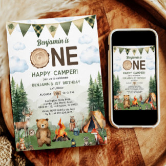Eén Happy Camper First Birthday-uitnodiging Kaart