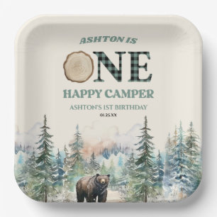EEN Happy Camper Groen Beer 1e Verjaardagsfeest Papieren Bordje
