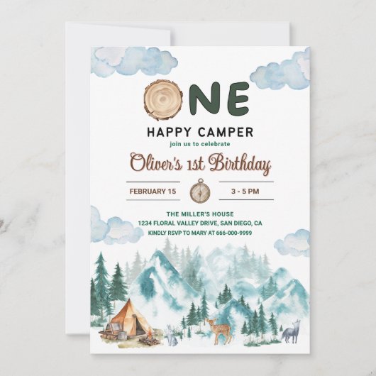 Een Happy Camper Mountain Forest 1e verjaardag Kaart (Voorkant)