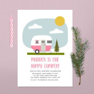 Een Happy Camper Pink Trailer Birthday Kaart