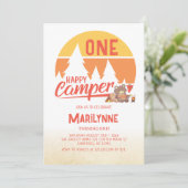 Eén Happy Camper Retro 1st Birthday Kaart (Staand voorkant)