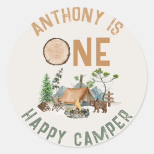 Eén Happy Camper Waterverf Woodland 1e verjaardag Ronde Sticker