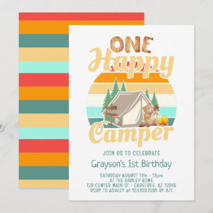 Eén Happy Camper Woodland Birthday-uitnodiging Kaart
