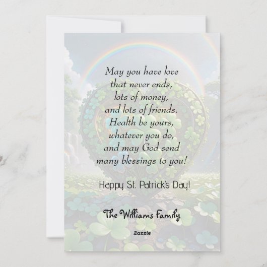 Een hart gemaakt van klavertjes onder de regenboog feestdagenkaart (Achterkant)