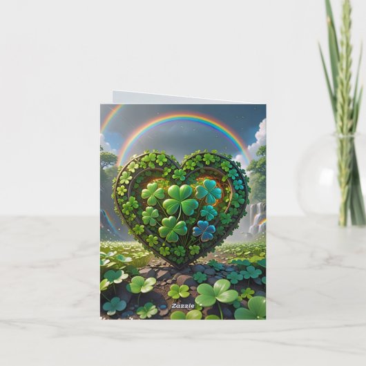 Een hart gemaakt van shamrocks onder de regenboog feestdagen kaart (Achterkant)