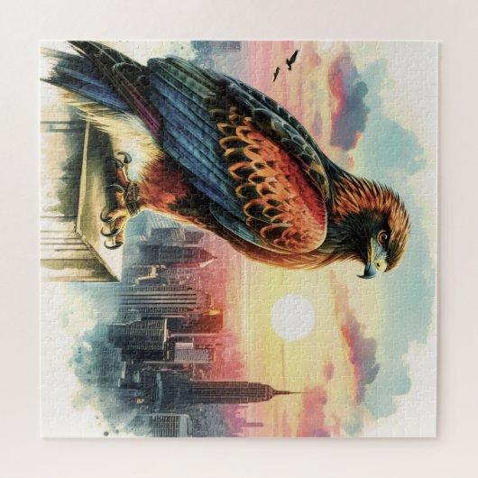 Een havik zit op het dak van een wolkenkrabber legpuzzel (Horizontaal)