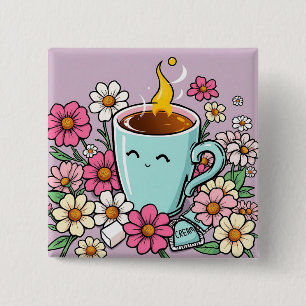 Een heerlijke kop warme koffie en bloemen vierkante button 5,1 cm