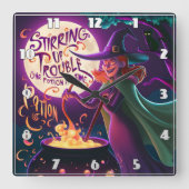 Een heks brouwt drankjes onder de volle maan vierkante klok (Voorkant)