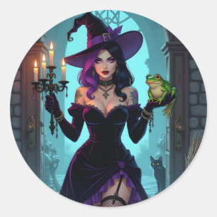 Een heks, een kandelaar en een kikker Halloween Ronde Sticker