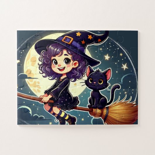 Een heks en een kat op een bezempuzzel legpuzzel (Horizontaal)