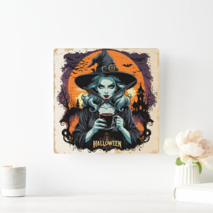 Een heks maakt magie onder een volle maan vierkante klok