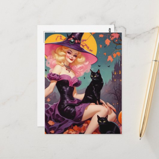Een heks met haar zwarte katten briefkaart (Voorkant / Achterkant in situ)