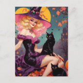 Een heks met haar zwarte katten briefkaart (Voorkant)