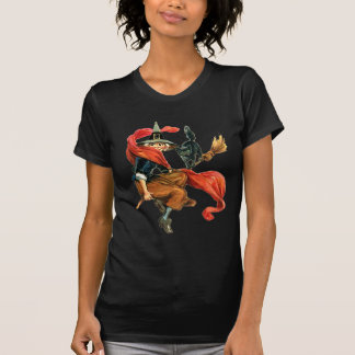 Een heks vliegt op haar bezem met haar zwarte kat t-shirt