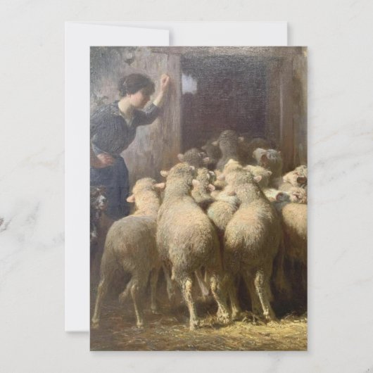 Een herdersheid, haar hond en schaap in Barn Feestdagenkaart (Voorkant)