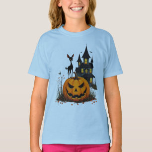 Een hert op een Halloween pompoen en een spookhuis T-shirt