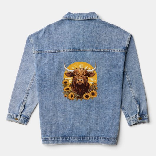Een Highland Koe Illustratie met Zonnebloemen Clas Denim Jacket (Achterkant)