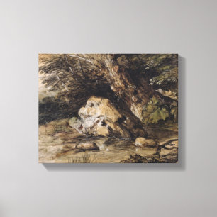 Een Hilly Landschap met figuren die een Bridg nade Canvas Afdruk