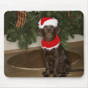 Een hond die bij een kerstboom zit muismat