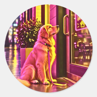 Een hond die voor een winkel op zijn baasje wacht. ronde sticker