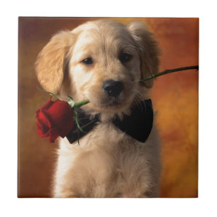 Een hond met een bloem tegeltje