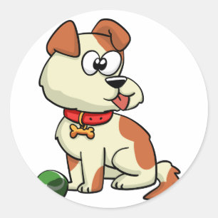 Een hond spelen met een bal achtergrondkleur kie ronde sticker