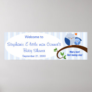Een hoofdbord van een Baby shower Blue Owls Banner Poster