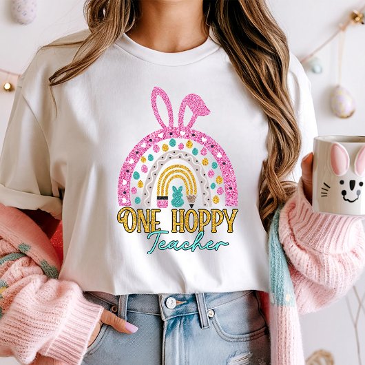Een Hoppy Teacher Easter Rainbow Glitter T-shirt