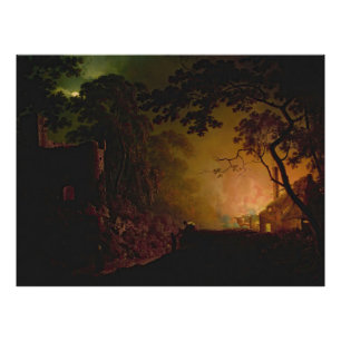 Een huisje in brand 's nachts Joseph Wright of Der Foto Afdruk