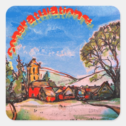 Een Idyllische Britse Village & Rainbow-tekst Vierkante Sticker (Voorkant)