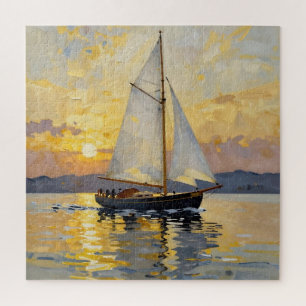 Een impasto-illustratie van een zeilboot bij zonso legpuzzel