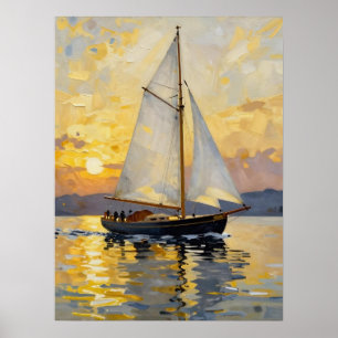 Een impasto-illustratie van een zeilboot bij zonso poster