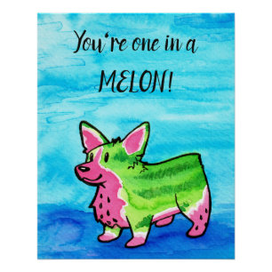 Een in een meloen corgi Waterverf Perfect Poster