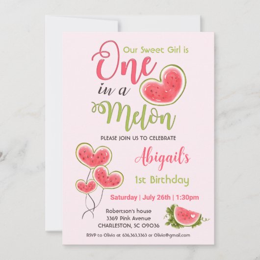 Een in een meloen roze meisje 1e verjaardag partij kaart (Voorkant)