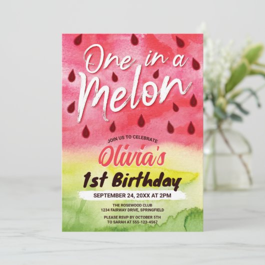 Een in een meloen Watermelon 1e Verjaardagsfeest Kaart (Staand voorkant)