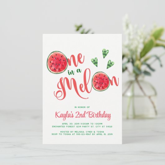 Eén in een Melon First Birthday-uitnodiging Kaart (Staand voorkant)