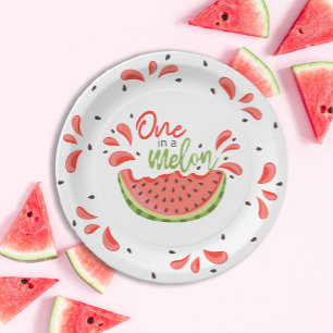 Eén in een Melon First Birthday Watermelon Papieren Bordje