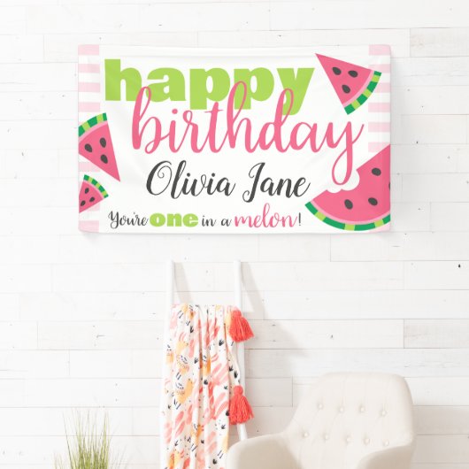 Eén in een Melon Watermelon Happy Birthday Custom Spandoek (Insitu)