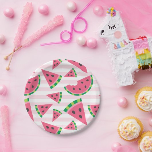 Eén in een Melonwatermeloenslikken en roze strips Papieren Bordje (Feest)