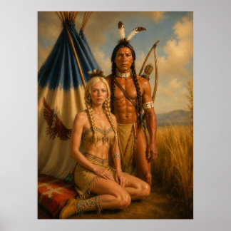Een Indiaanse krijger en zijn blonde squaw KUNST Poster
