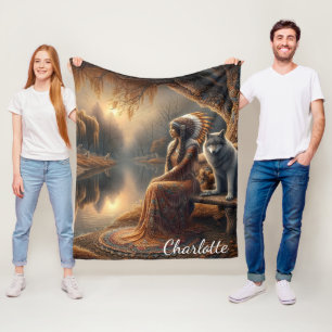 Een Indiaanse vrouw en haar trouwe wolf metgezel Fleece Deken