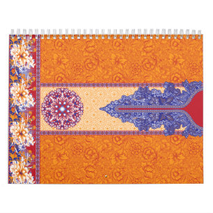 Een ingewikkeld oranje en blauw paisley-lijst kalender