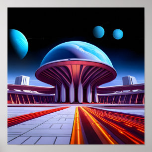 Een intergalactische luchthaven in de buitenruimte poster