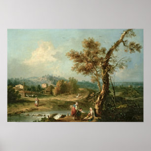 Een Italiaans rivierlandschap met reizigers Poster