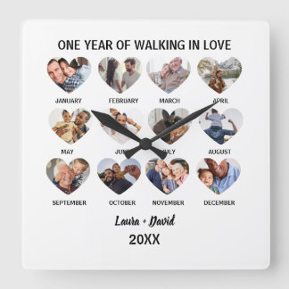 Een jaar wandelen in liefde 12 hart foto collage vierkante klok